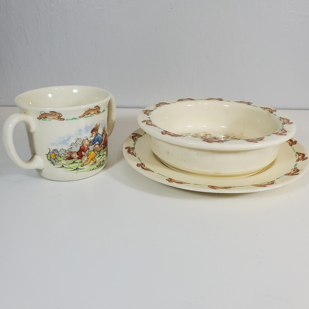 Bunnykins Royal Doulton Childs 3 Piece Set Plate Cereal Bowl Double Handle Cup
